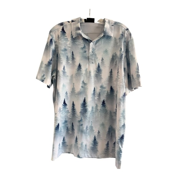 YATTA Golf Men’s White Blue Pine Trees Pattern Stretch Polo Short Sleeve Shirt-L - Picture 1 of 9